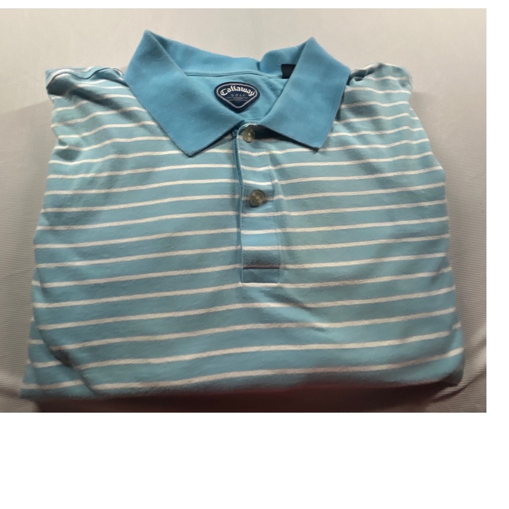 Callaway Golf Sport Mens XXL Polo Shirt Blue White Striped Short Sleeve
